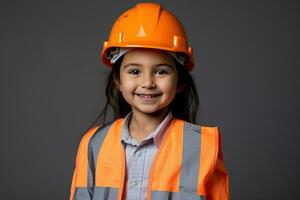 retrato de un sonriente pequeño niña en un construcción casco ai generado foto