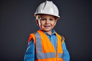 retrato de un linda pequeño chico en un construcción casco ai generado foto