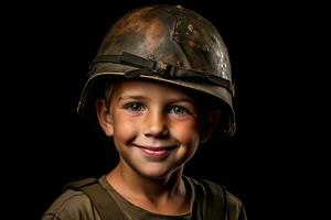 retrato de un linda pequeño chico en militar uniforme en oscuro antecedentes ai generado foto