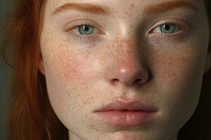 a close up of a woman with freckles AI generated photo