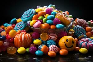 Ai Generated. Halloween candies and sweets on dark background photo