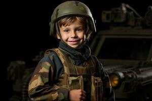 retrato de un linda pequeño chico en militar uniforme en oscuro antecedentes ai generado foto