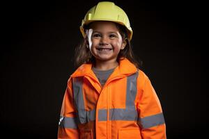 retrato de un sonriente pequeño niña en un construcción casco ai generado foto