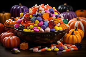 Ai Generated. Halloween candies and sweets on dark background photo