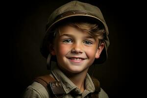 retrato de un linda pequeño chico en militar uniforme en oscuro antecedentes ai generado foto