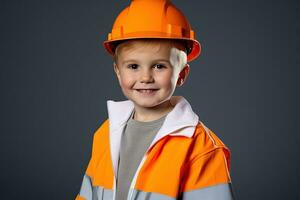 retrato de un linda pequeño chico en un construcción casco ai generado foto