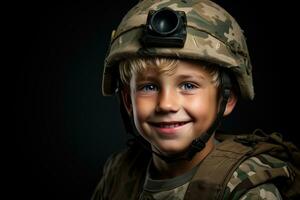 retrato de un linda pequeño chico en militar uniforme en oscuro antecedentes ai generado foto