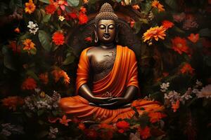 Buddha statue surrounded by orange flowers on a black background AI Generated photo