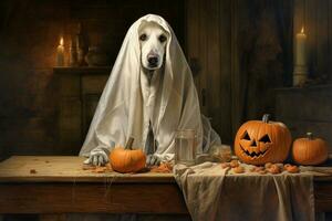 Halloween theme. dog in ghost costume with pumpkins on dark background AI Generated photo