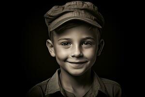 retrato de un linda pequeño chico en militar uniforme en oscuro antecedentes ai generado foto