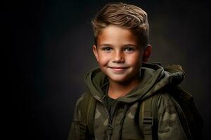 retrato de un linda pequeño chico en militar uniforme en oscuro antecedentes ai generado foto