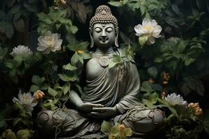 Buddha statue with lotus flower and green leaves background AI Generated photo
