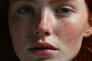 a close up of a woman with freckles AI generated photo