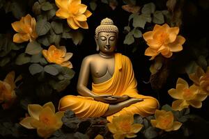 a golden buddha statue surrounded by flowers AI Generated photo