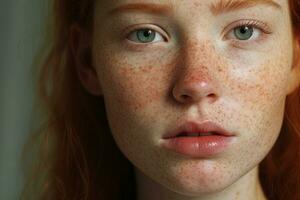 a close up of a woman with freckles AI generated photo