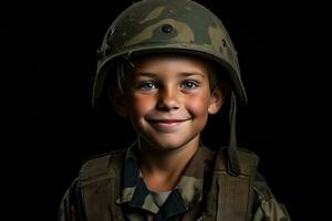 retrato de un linda pequeño chico en militar uniforme en oscuro antecedentes ai generado foto