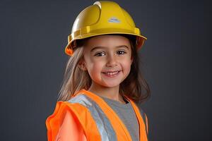 retrato de un sonriente pequeño niña en un construcción casco ai generado foto