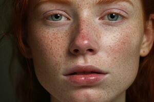 a close up of a woman with freckles,rosacea couperose redness skin AI generated photo