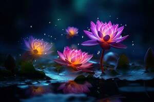 Beautiful pink water lily or lotus flower on dark background AI Generated photo