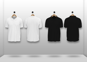 Men s regular-fitting short sleeve polo shirt ss black and white with wooden hanger isolated mock-up design template for branding psd