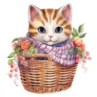 ai generativo linda gordito gato con bufanda en cesta con hermosa flor png