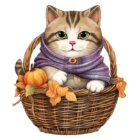 ai generativo linda gordito gato con bufanda en cesta Víspera de Todos los Santos festival png