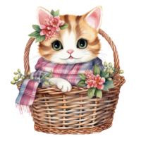ai generativ süß mollig Katze mit Schal auf Korb mit schön Blume png