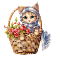 ai génératif mignonne joufflu chat avec écharpe sur panier avec magnifique fleur png