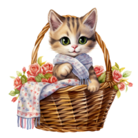 ai generativo linda gordito gato con bufanda en cesta con hermosa flor png