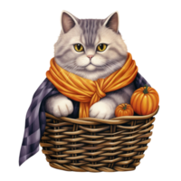 ai génératif mignonne joufflu chat avec écharpe sur panier Halloween Festival png