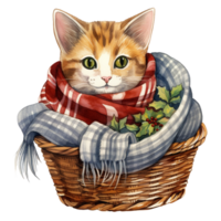 ai génératif mignonne joufflu chat avec écharpe sur panier Noël Festival png