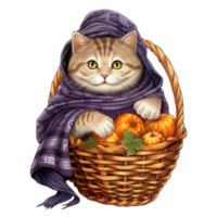 ai generativ söt knubbig katt med scarf på korg halloween festival png