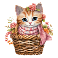 ai génératif mignonne joufflu chat avec écharpe sur panier avec magnifique fleur png