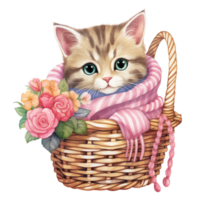 ai generativ süß mollig Katze mit Schal auf Korb mit schön Blume png