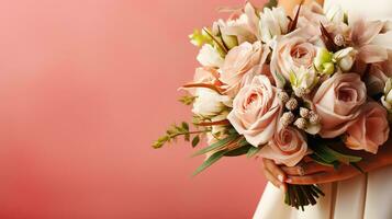 hermosa Boda ramo de flores en de la novia manos. rosado antecedentes. generativo ai foto