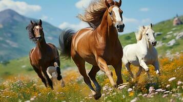 Floral Elegance in Motion Horses Running Wild in Meadow photo