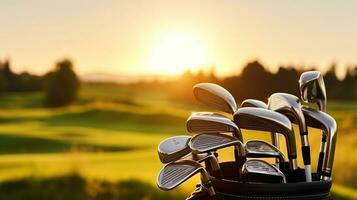 Golf Stick Bag over green field background. Summer sunset. Generative AI photo