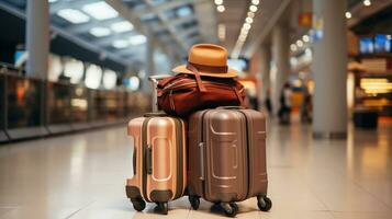 Trolley with suitcases and hat in airport terminal. Generative AI photo