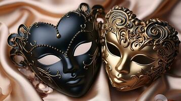 Elegance in Contrast. Vibrant Fabric Highlights Black Heart and Mask Decoration photo
