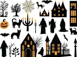 Halloween collection ,Halloween set in black and orange colour includes bet, black cat, ghost, Halloween tree, and haunted house. vector