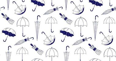 Seamless pattern with umbrellas in outline style. Linear illustration of umbrellas in different positions and different shapes. Vector linear illustration on a white isolated background.