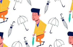 Seamless pattern with a cute male character. Retro character of a man with an umbrella. Vector background in vintage style. Aesthetics of the 60s, 70s.