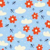 Cute pattern with dragonflies, red flowers, clouds on light blue. Spring insects children pattern in hand drawn style. Children spring pattern in blue vector