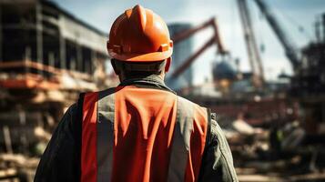 Safety and Vigilance. Worker wearing a bright red hard hat on a construction site photo