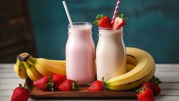 Summery Bliss. Strawberry and Banana Milkshakes in Charming Glass Jars photo