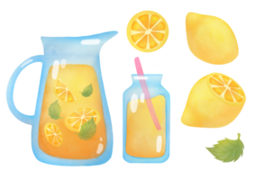 hand dragen vattenfärg ClipArt uppsättning av Ingredienser för citrus- citronsaft framställning isolerat på transparent bakgrund. färsk hemlagad citronsaft i glas kanna, saftig citron, mynta löv i gnistrande vatten png