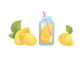 Hand gezeichnet Aquarell Clip Art einstellen von Zutaten zum Zitrusfrüchte Limonade vorbereiten isoliert auf transparent Hintergrund. frisch hausgemacht Limonade im Glas Krug, saftig Zitrone, Minze Blätter im funkelnd Wasser png