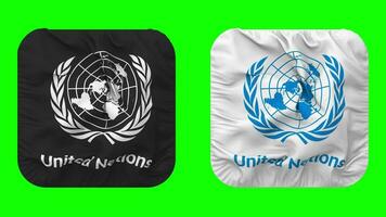 uni nations, ONU drapeau dans écuyer forme isolé avec plaine et bosse texture, 3d le rendu, vert filtrer, alpha mat video