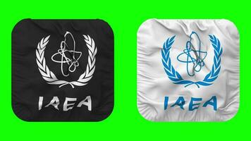 International atomar Energie Agentur, iaea Flagge im Knappe gestalten isoliert mit einfach und stoßen Textur, 3d Wiedergabe, Grün Bildschirm, Alpha matt video