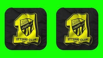 Alabama ittihad saudi árabe club bandera en escudero forma aislado con llanura y bache textura, 3d representación, verde pantalla, alfa mate video